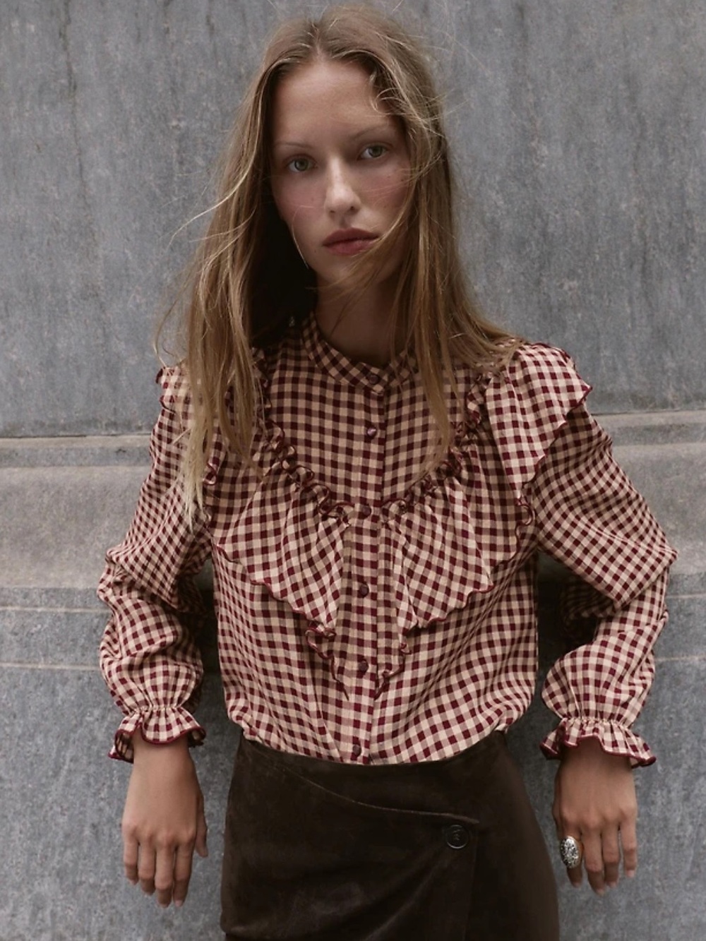 Zara Checked Ruffle Blouse Small Burgundy/ Tan - Picture 3 of 10